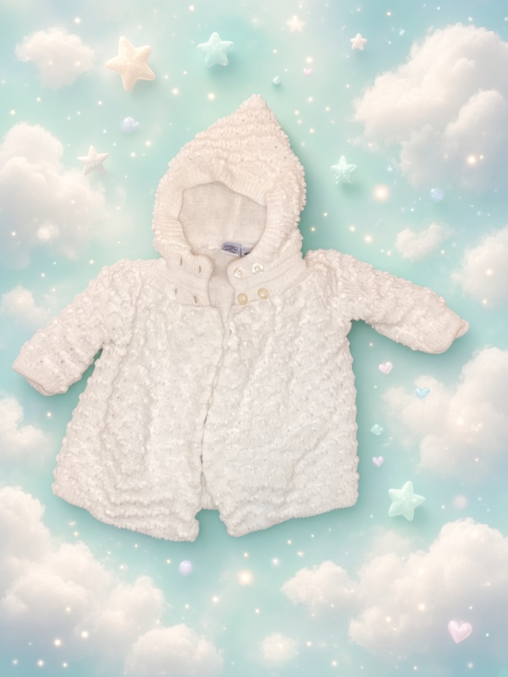 Vintage-Style White Popcorn Knit Baby Cardigan Hoodie
